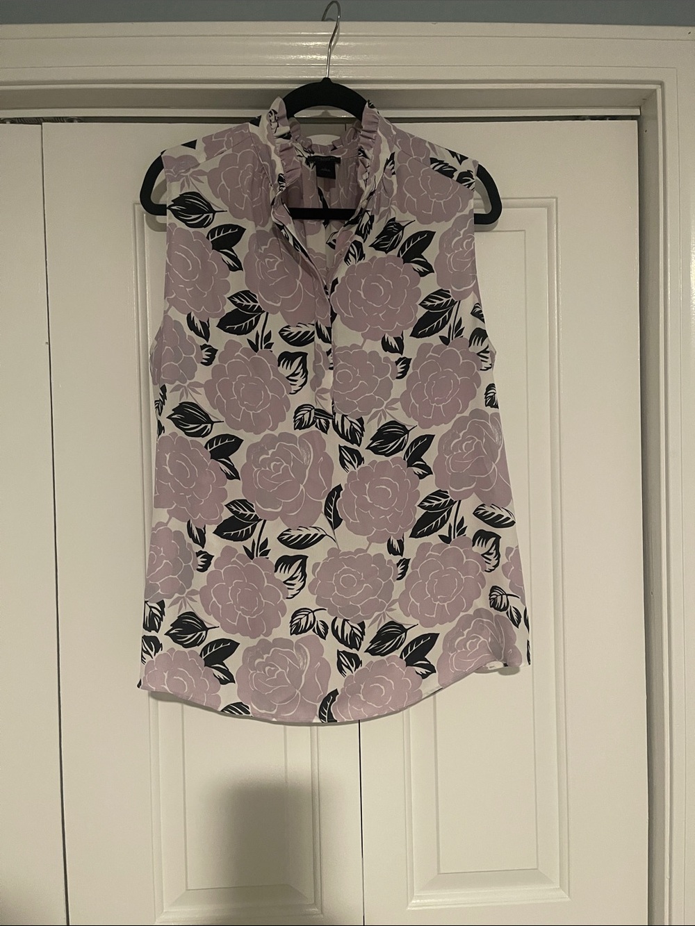 Ann Taylor Factory Lavender and Black Floral Ruffle-Trim Sleeveless Top